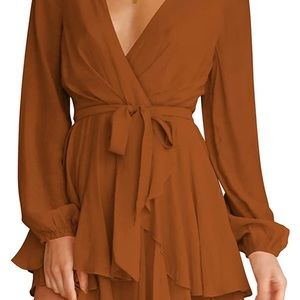 Women's Dress Deep V-Neck Long Sleeve Waist Tie Ruffle Mini Swing Skater Dresses